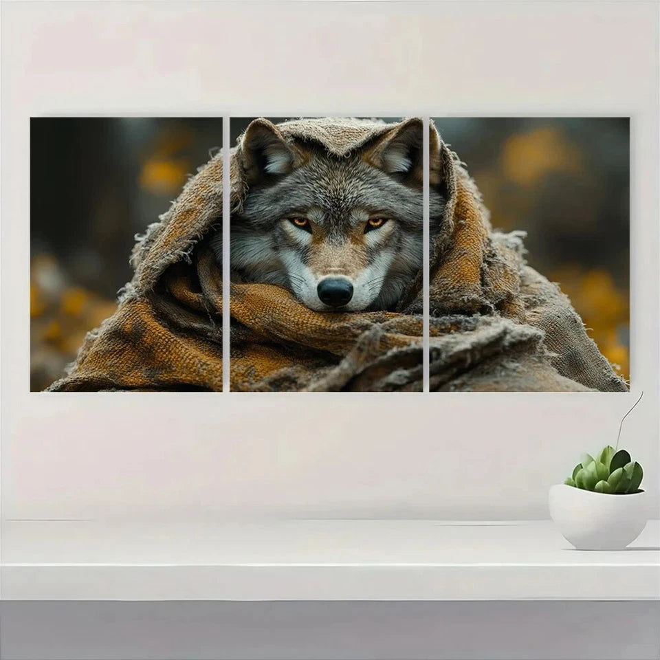 3pcs Wolf Woven Throw Blanket Earthy Metal Print Ready to Hang Art