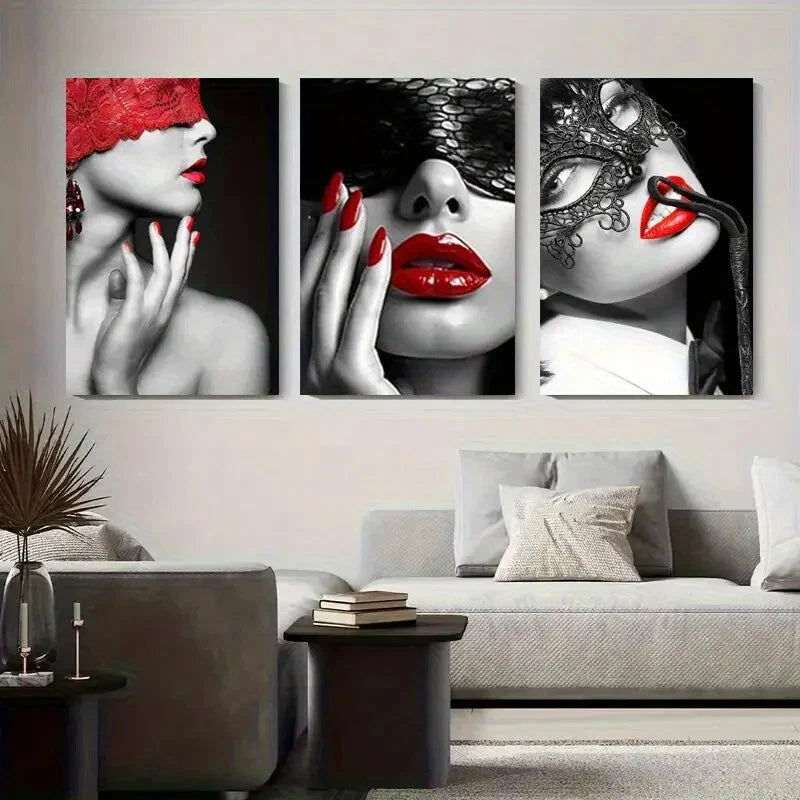 3pcs Red Lips with Lace Mask Abstract Perfect Wall Art Set Canvas Framed 40x60cm - High Quality Print 100% Australian Made Wall Canvas Ready to Hang