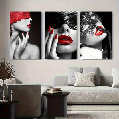 3pcs Red Lips with Lace Mask Abstract Perfect Wall Art Set Canvas Framed 40x60cm - High Quality Print 100% Australian Made Wall Canvas Ready to Hang