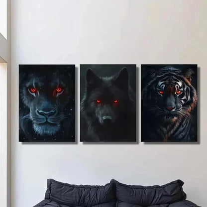3pcs Red Eyed Black Lion Black Wolf Black Tiger Wall Art Canvas Unframed - High Quality Print 100% Australian Made Wall Canvas