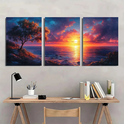 3pcs Sunset Clouds Pink Themed Beach Scenery Metal Print Ready to Hang Art
