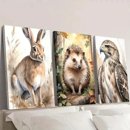3pcs Aesthetic Watercolor Rabbit Hedgehog Eagle  Wall Art Set Canvas Unframed - High Quality Print 100% Australian Made Wall Canvas