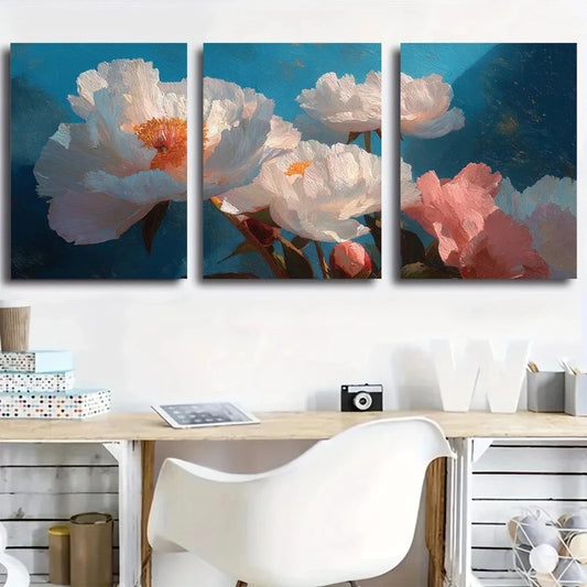 3pcs Elegant Oil Painting Style White Peonies Metal Print Ready to Hang Art