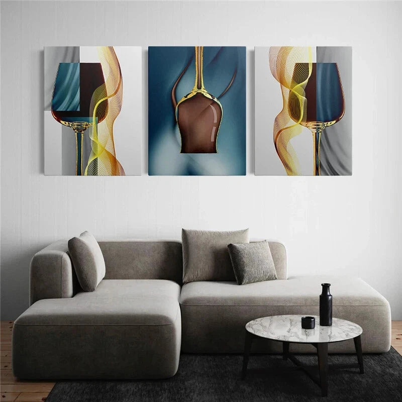 3pcs Golden Blue Goblet Modern Metal Print Ready to Hang Art