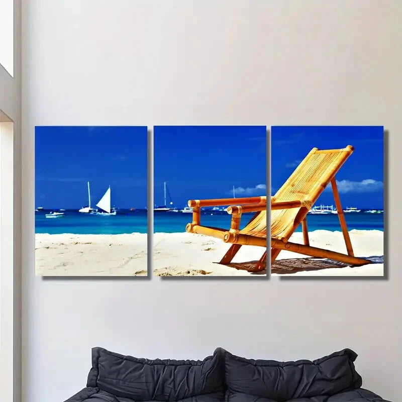 3pcs Beach Scene Lounge Chair & Sailboats Metal Print Ready to Hang Art