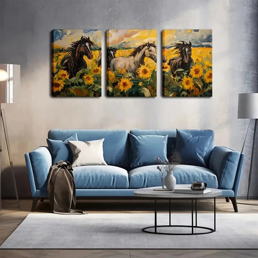 3pcs Horse and Sunflower Field Scene Perfect Wall Art Set Canvas Framed 40x60cm - High Quality Print 100% Australian Made Wall Canvas Ready to Hang