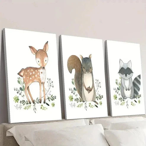 3pcs Cute Baby Deer Squirrel Raccoon Wall Art Set Canvas Unframed - High Quality Print 100% Australian Made Wall Canvas