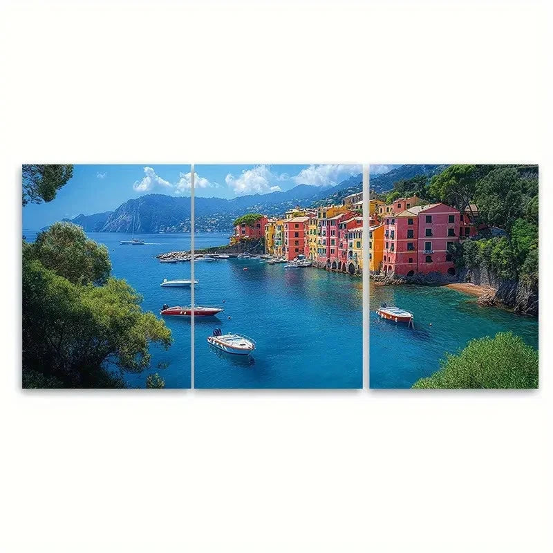 3pcs Portofino Coastal Calm Bay with Boats BH Wall Art Set Canvas Framed 40x60cm - High Quality Print 100% Australian Made Wall Canvas Ready to Hang