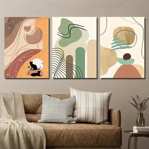 3pcs Geometric Abstract Shapes and Animal Cat Wall Art Set Canvas Unframed - High Quality Print 100% Australian Made Wall Canvas