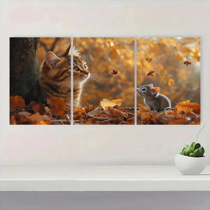 3pcs Autumn Cat and Mouse Scene Wall Art Set Canvas Framed 50x70cm - High Quality Print 100% Australian Made Wall Canvas Ready to Hang