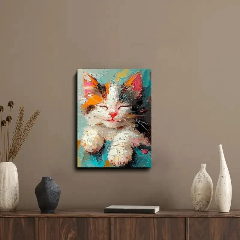 Sleeping Kitten with Orange Ears, Soft Pastel Colors 40x60cm Metal Print Ready to Hang