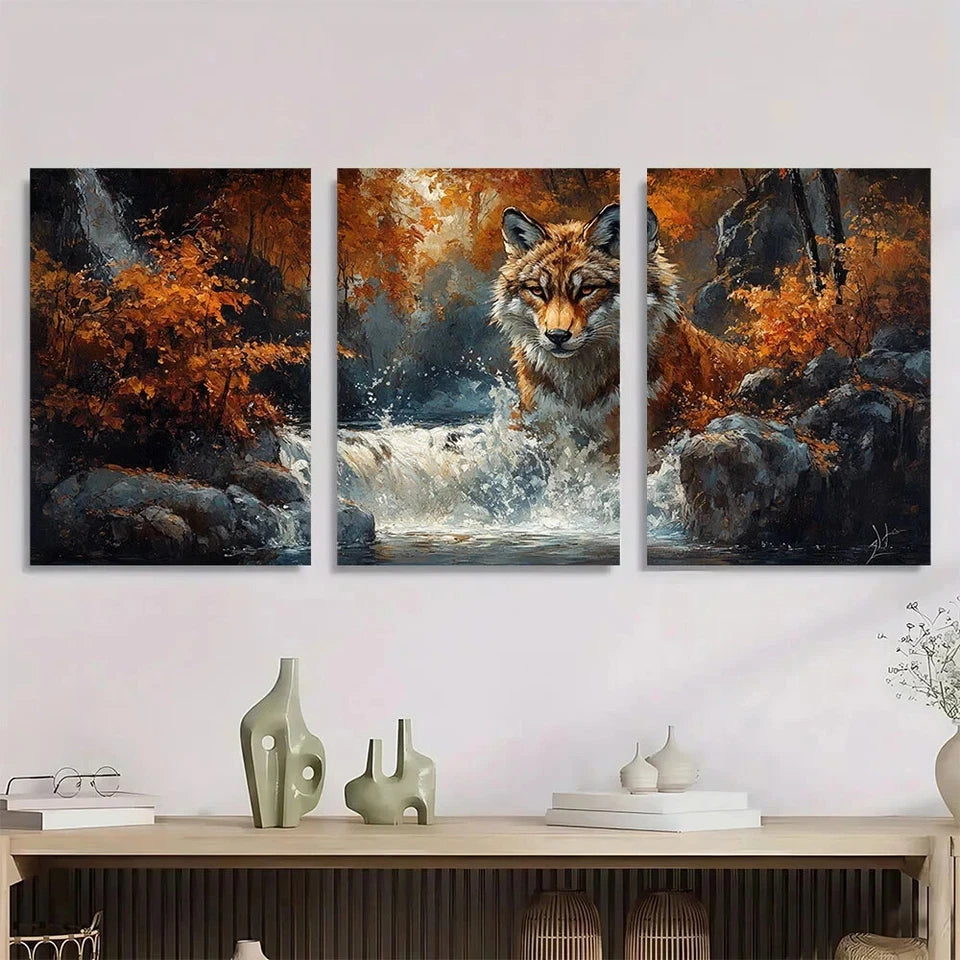 3pcs Wolf in Autumn Forest Scene Metal Print Ready to Hang Art
