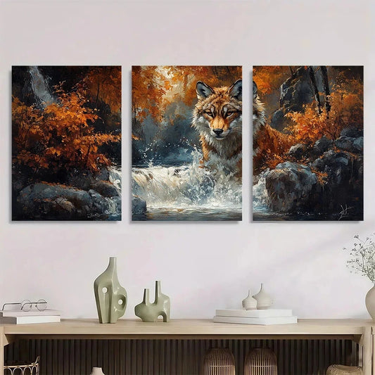 3pcs Wolf in Autumn Forest Scene Metal Print Ready to Hang Art
