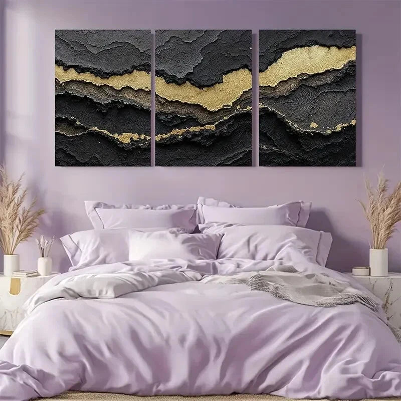 3pcs Black & Golden Luxury Abstract Metal Print Ready to Hang Art