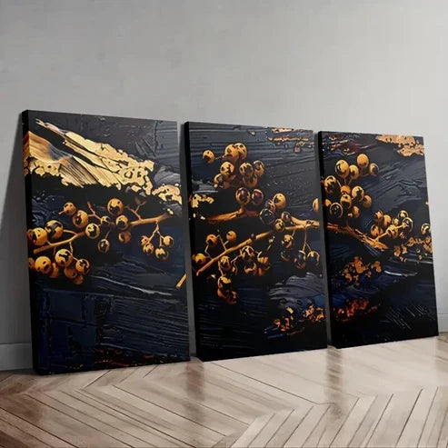 3pcs Golden Berries on Black Background Art Set Canvas Unframed - High Quality Print 100% Australian Made Wall Canvas