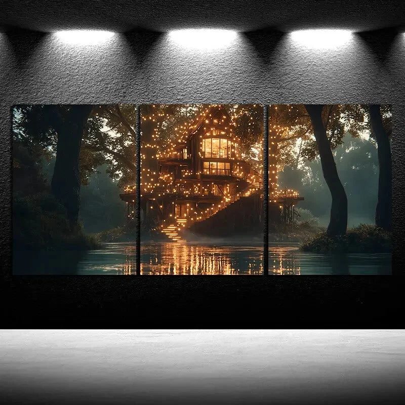 3pcs The Glass House By The River Trees Metal Print Ready to Hang Art