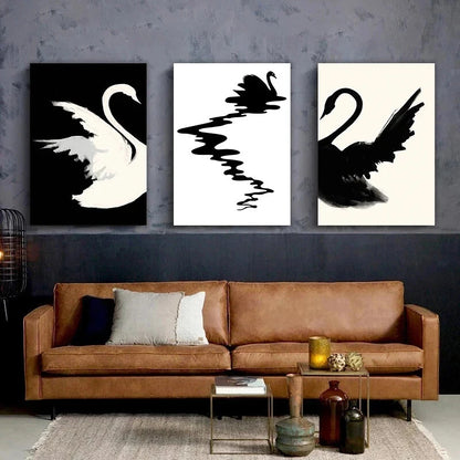 3pcs Black and White Swan Abstract Metal Print Ready to Hang Art