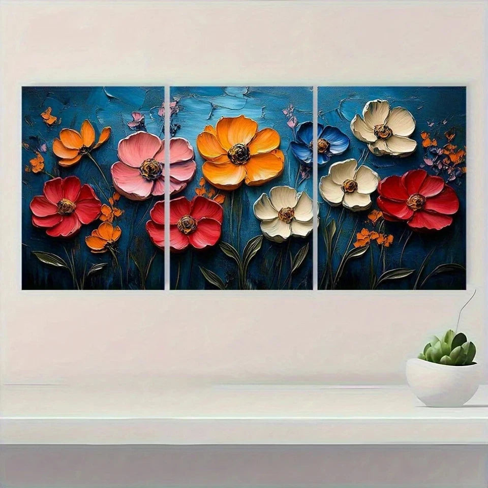 3pcs Boho Chic Abstract Floral Vibrant Textured Metal Print Ready to Hang Art