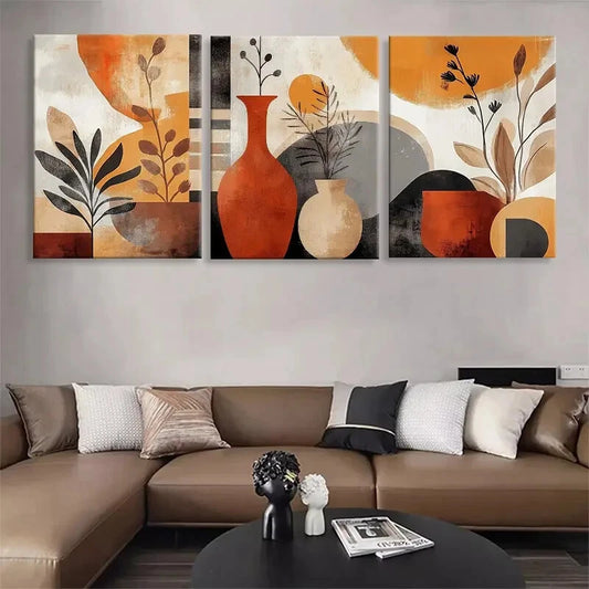 3pcs Abstract Vases and Plants Geometric Perfect Wall Art Set Canvas Framed 40x60cm - High Quality Print 100% Australian Made Wall Canvas Ready to Hang