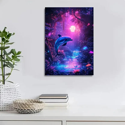 Cyberpunk Dolphin Jungle Scene with Neon Glow Painting 40x60cm Metal Print Ready to Hang