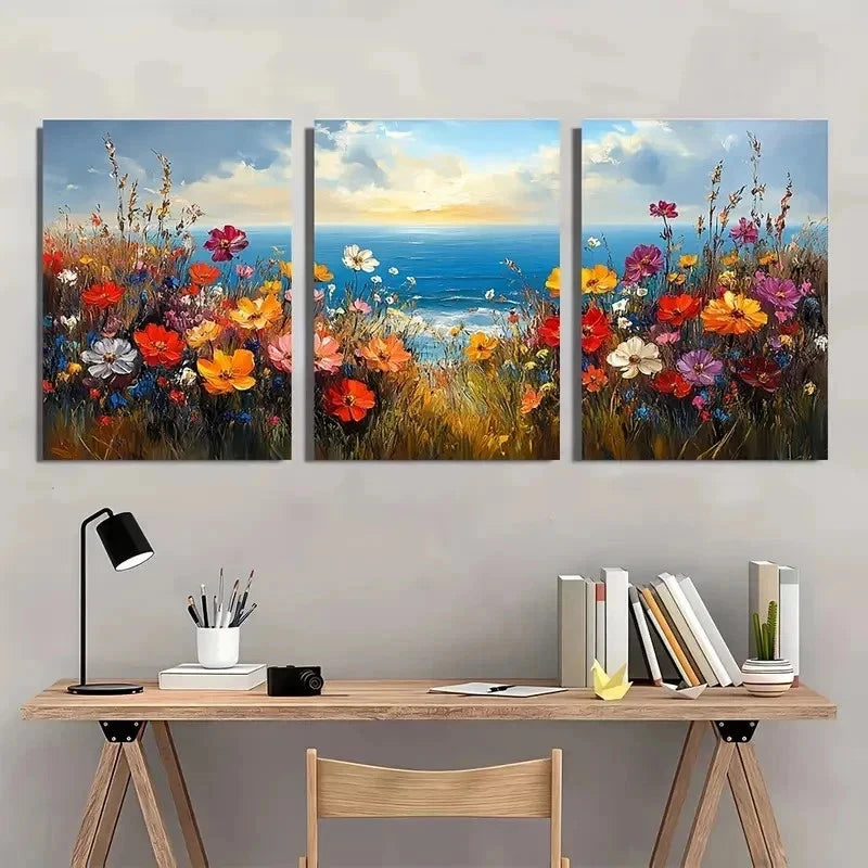 3pcs Wildflower Floral Seaside Landscape Perfect Wall Art Set Canvas Framed 40x60cm - High Quality Print 100% Australian Made Wall Canvas Ready to Hang