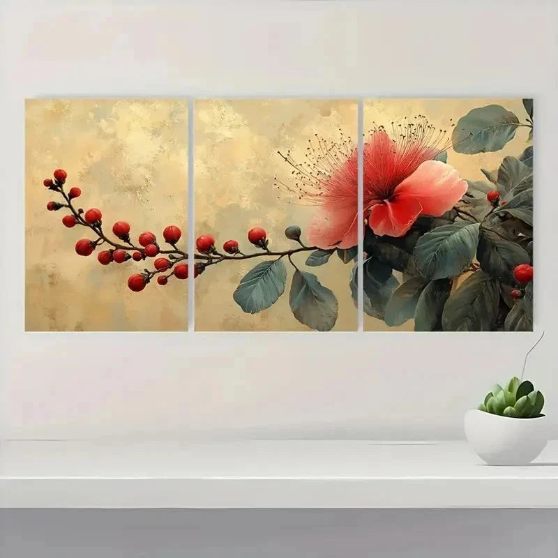 3pcs Calandra Beige Red Tropical Plant Perfect Wall Art Set Canvas Framed 40x60cm - High Quality Print 100% Australian Made Wall Canvas Ready to Hang