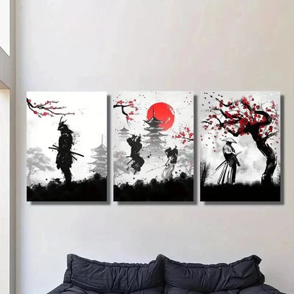 3pcs Japanese Cherry Blossom & Samurai Wall Art Set Canvas Framed 40x60cm - High Quality Print 100% Australian Made Wall Canvas Ready to Hang