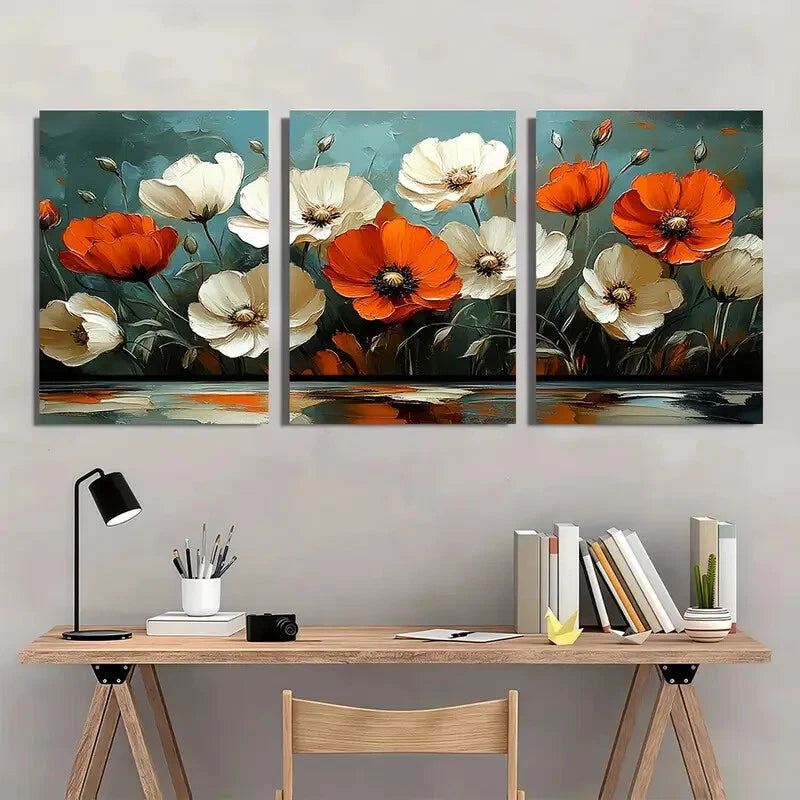 3pcs Vibrant Orange Poppies Floral Metal Print Ready to Hang Art