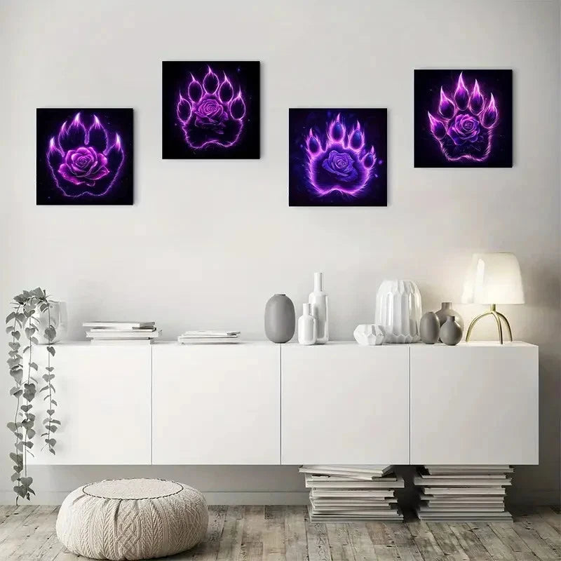 4pcsPurple Rose & Neon Pink Bear ClawWall Art Canvas Framed