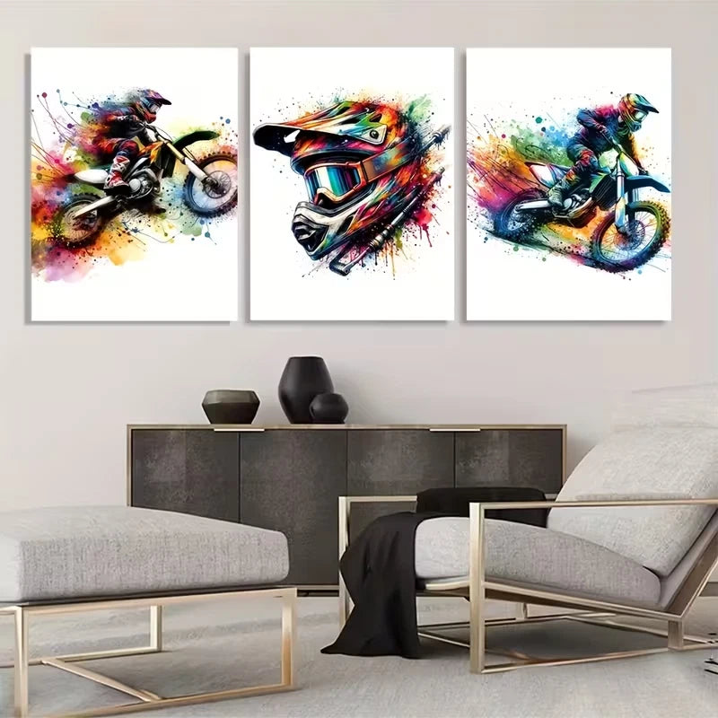 3pcs Watercolor Motocross Decor Wall Art Set Canvas Framed 40x60cm - High Quality Print 100% Australian Made Wall Canvas Ready to Hang