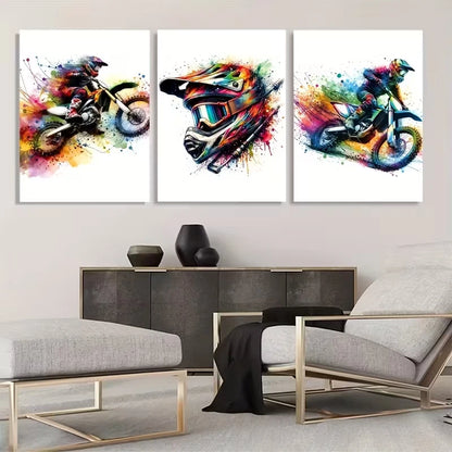 3pcs Watercolor Motocross Decor Wall Art Set Canvas Framed 40x60cm - High Quality Print 100% Australian Made Wall Canvas Ready to Hang