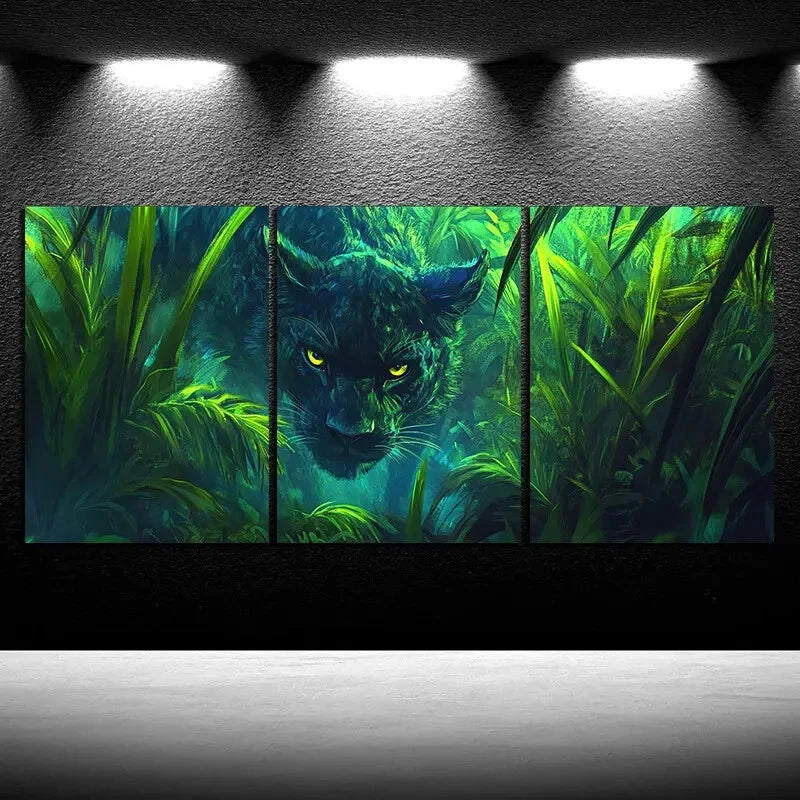 3pcs Leopard in The Grass Stunning Green Metal Print Ready to Hang Art