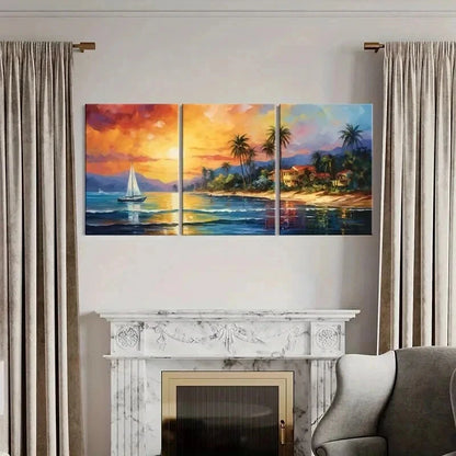 3pcs Sunset Sailboat Palm Trees & Beach Wall Art Set Canvas Framed 40x60cm - High Quality Print 100% Australian Made Wall Canvas Ready to Hang