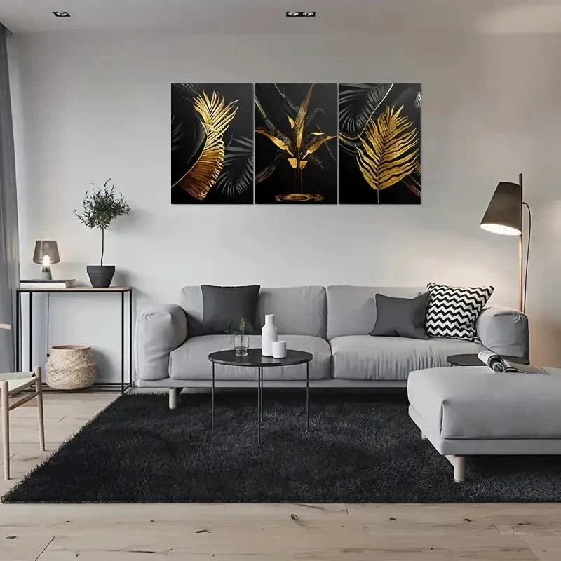 3pcs Palm Leaf Black and Golden Abstract Painting Metal Print Ready to Hang Art