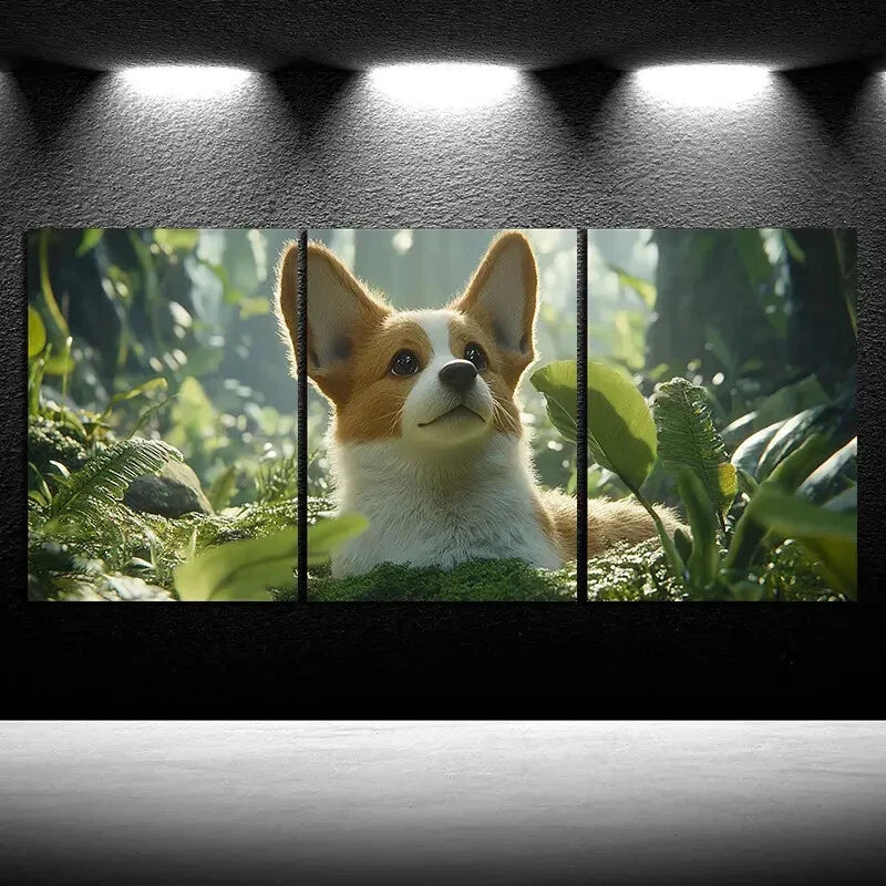 3pcs Green Leaves Dog in The Forest Metal Print Ready to Hang Art