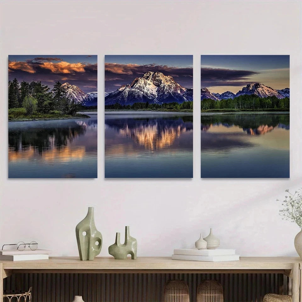 3pcs Mountain Lake Sunset Sky & Calm Blue Waters Metal Print Ready to Hang Art