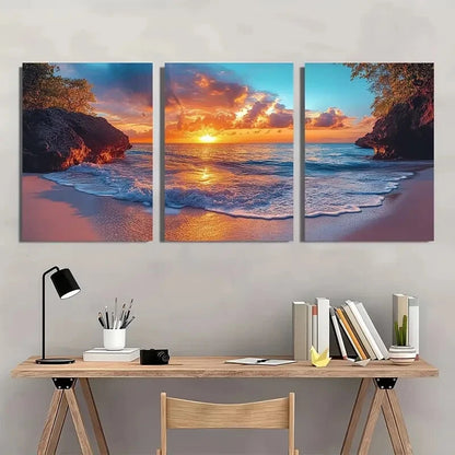 3pcs Beach Sunrise Vibrant Ocean & Sky Metal Print Ready to Hang Art
