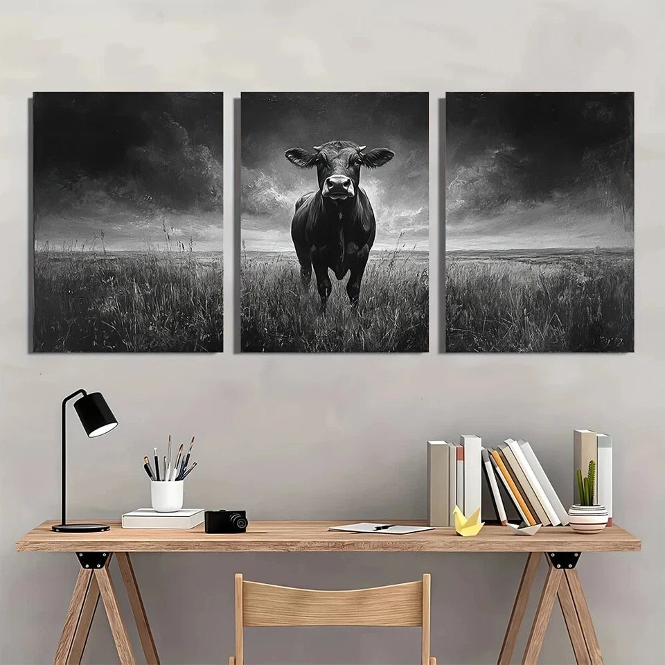 3pcs Black and White Land Cow Vintage Metal Print Ready to Hang Art