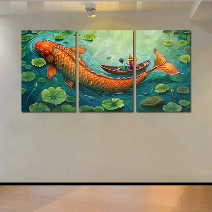 3pcs Vibrant Koi Fish and for Lotus Pond Wall Art Set Canvas Framed 40x60cm - High Quality Print 100% Australian Made Wall Canvas Ready to Hang