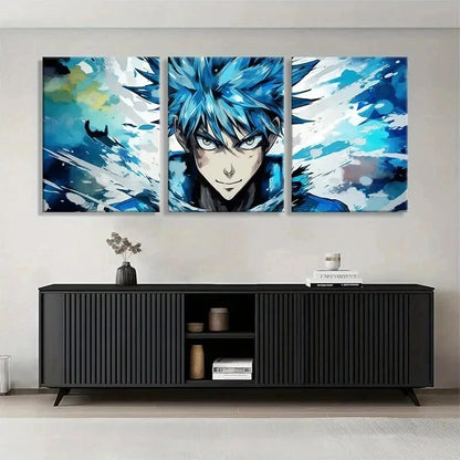 3pcs Anime Character Blue Haired Hero Perfect Wall Art Set Canvas Framed 50x70cm - High Quality Print 100% Australian Made Wall Canvas Ready to Hang