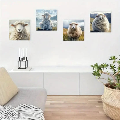 4pcs Charming Sheep Watercolor Wall Art Canvas Framed