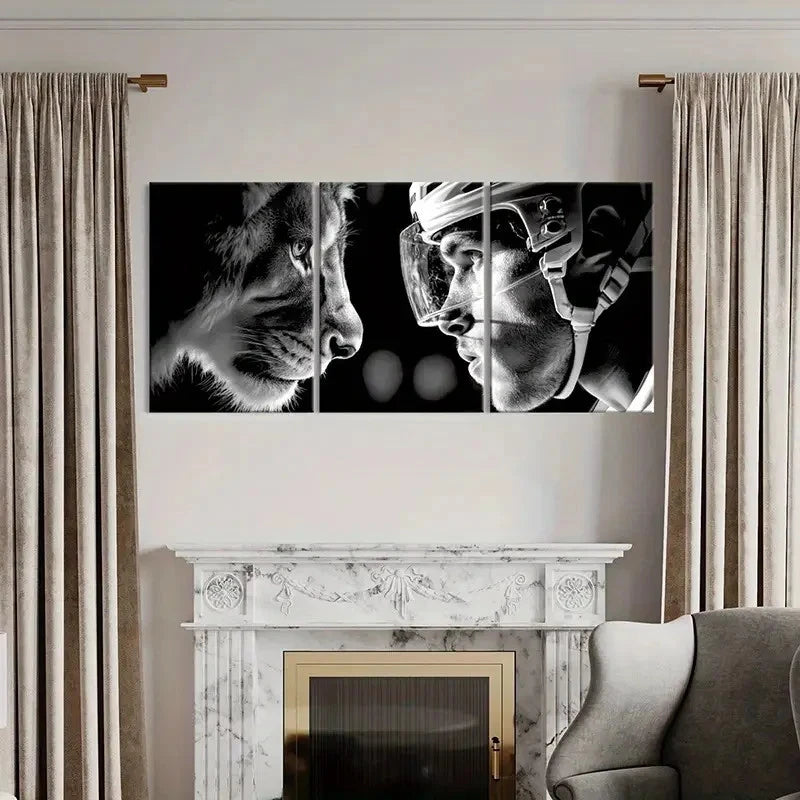 3pcs Black And White Lion & Hockey Player  Wall Art Set Canvas Framed 60x90cm - High Quality Print 100% Australian Made Wall Canvas Ready to Hang