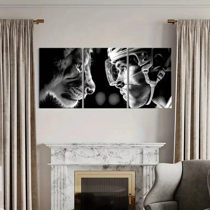 3pcs Black And White Lion & Hockey Player  Wall Art Set Canvas Framed 60x90cm - High Quality Print 100% Australian Made Wall Canvas Ready to Hang