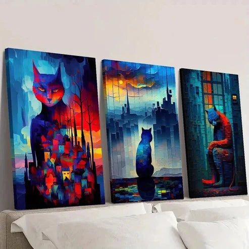 3pcs Lonely Cat Under Fantasy Night Wall Art Canvas Unframed - High Quality Print 100% Australian Made Wall Canvas