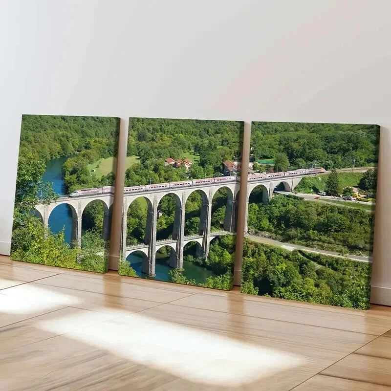 3pcs Big Bridge Over a River and Train Wall Art Set Canvas Framed 40x60cm - High Quality Print 100% Australian Made Wall Canvas Ready to Hang