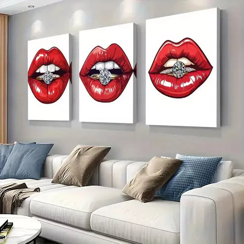 3pcs Glamorous Red Lips with Diamond Ring Wall Art Set Wall Art Canvas Unframed - High Quality Print 100% Australian Made Wall Canvas