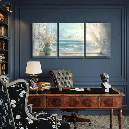 3pcs Scenic Sea View from Open Window Metal Print Ready to Hang Art