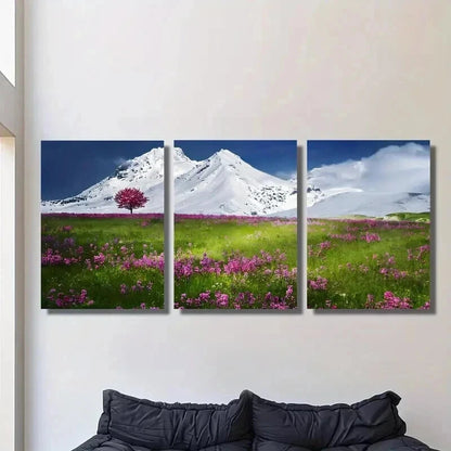 3pcs Snow Capped Mountain & Wildflowers Wall Art Set Canvas Framed 40x60cm - High Quality Print 100% Australian Made Wall Canvas Ready to Hang