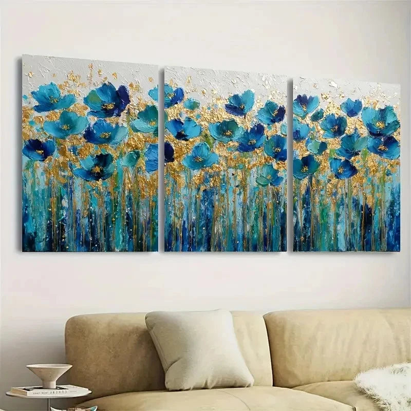 3pcs Color Floral Blue And Golden Tones Artwork Wall Art Set Canvas Framed 60x90cm - High Quality Print 100% Australian Made Wall Canvas Ready to Hang