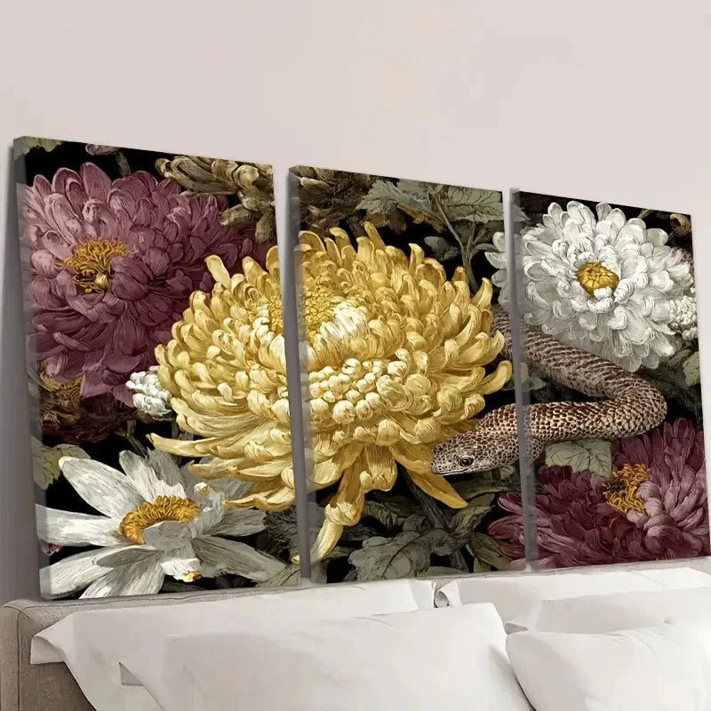 3pcs Vibrant Python & Chrysanthemum Flowers Wall Art Set Canvas Framed 50x70cm - High Quality Print 100% Australian Made Wall Canvas Ready to Hang